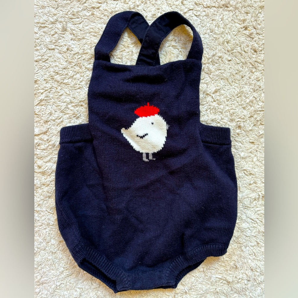 Jacadi Navy Blue Knit Romper with Red and White Chick Design
